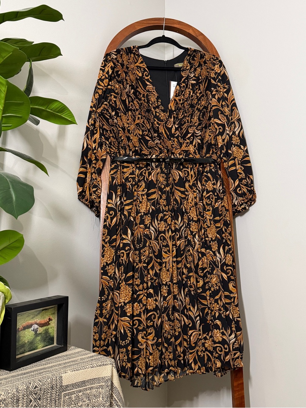 Melonie T Black Brown 18W Printed Pleated Long Sleeve Belted Dress NEW